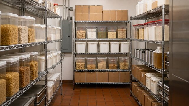 Clean restaurant storeroom with generic food supplies neatly organized on commercial shelving and raised safely above floor, realistic proper food storage and restaurant operations