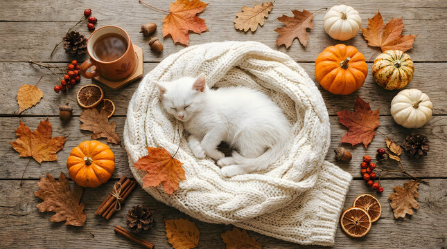 Cozy autumn pumpkins and white kitten with rustic pottery on wooden table