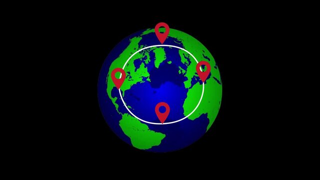 Global business network connections with animated red location pins on rotating 3D Earth map