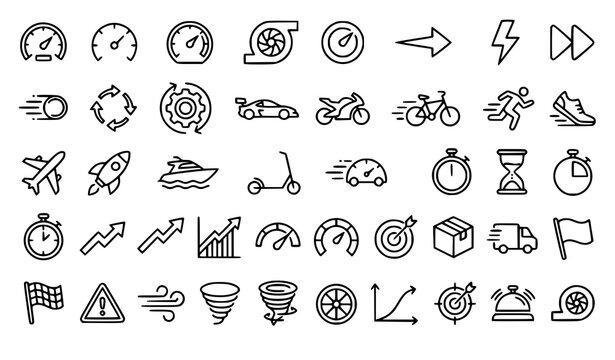Speed and Performance Line Icon Set with Speedometer, Racing, Delivery, Fast Vehicle, and Growth Symbols for Sports Design