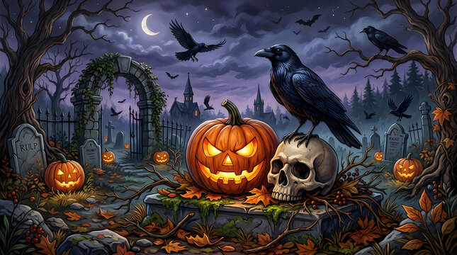 Halloween jack o lanterns with skull and crows in spooky forest night scene