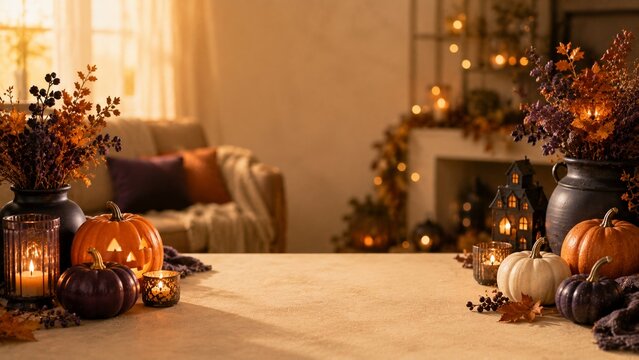 Warm light bathes a cozy autumn table setting. Ornamental pumpkins and dried foliage add seasonal charm. Candlelight casts a gentle glow over the scene. Furnished room with soft tones suggests comfort