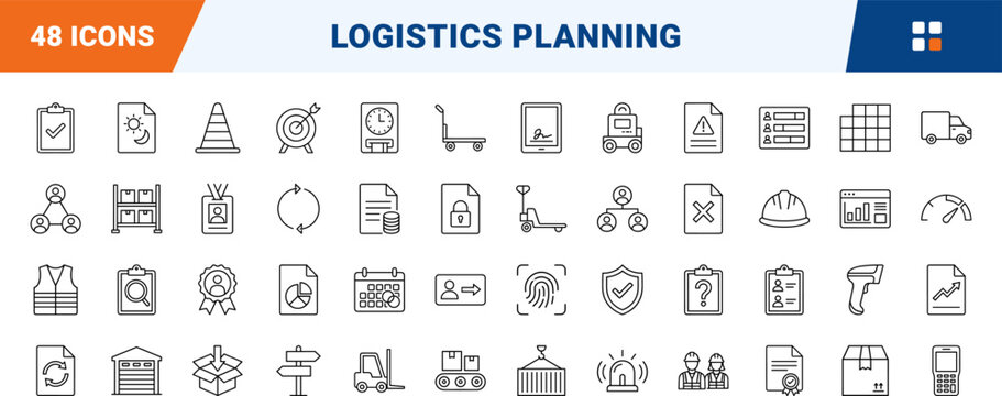 Warehouse Labor Planning line icon set. Vector pictograms of workforce, logistics, inventory, and shift elements, thin linear illustration.
