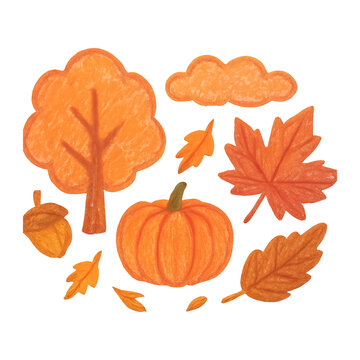 PNG Autumn elements in crayon style.