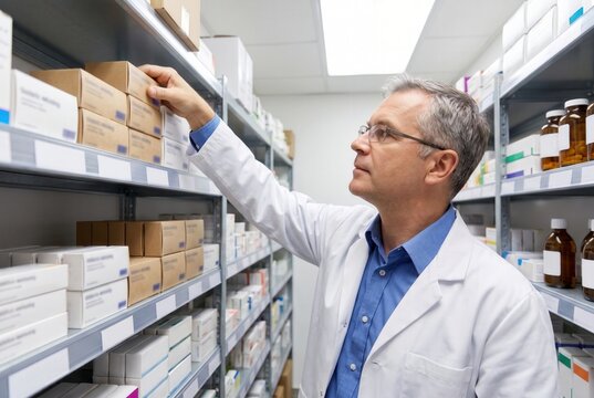 Male pharmacist in white lab coat examines medication boxes on shelves in a pharmacy, with various pharmaceutical products visible in the background