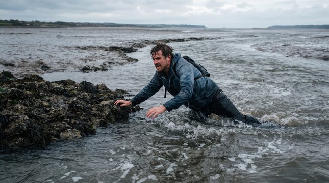 Man struggling through incoming tidal water