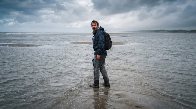 Man stranded on a tidal sandbar as water rises