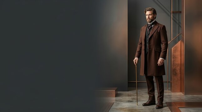 Sophisticated man in 19th century frock coat posing for website hero banner with industrial copy space