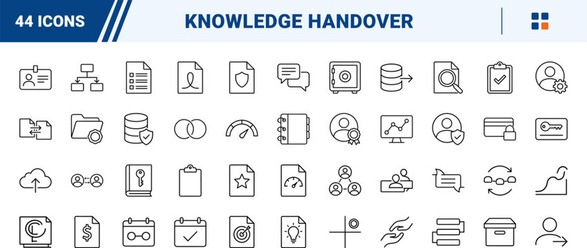 Exit Knowledge Transfer line icon set. Vector pictograms of business, management, process, and communication elements, thin linear illustration.