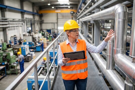 Female industrial engineer wearing safety helmet and vest inspects metal piping while holding a tablet in a manufacturing facility with machinery in the background