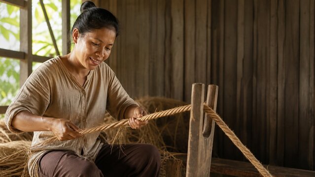 Asian woman smiling while weaving natural fibers on a loom, traditional craft activity, skillful hands at work, warm indoor setting, cultural heritage representation