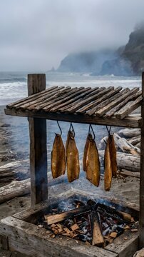 Traditional Coastal Fish Smoking Over an Open Wood Fire &mdash; Five Whole Smoked Fish Fillets Hang from Metal Hooks Beneath a Rustic Wooden Slat Canopy; Below, a Simple Square Fire Pit Contains Glowing Emb