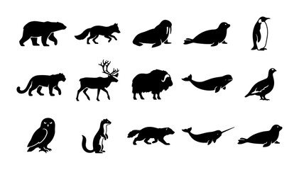 Fototapeta premium Arctic Wildlife Silhouettes: Polar Bear, Fox, Walrus, Seal, Penguin, Narwhal, Musk Ox