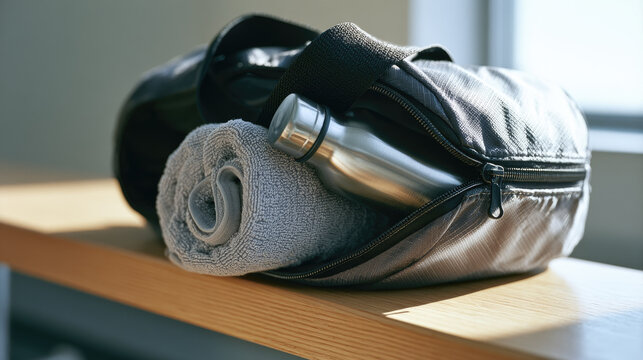 Open gym duffel bag with rolled towel and metal water bottle on wooden bench in morning light