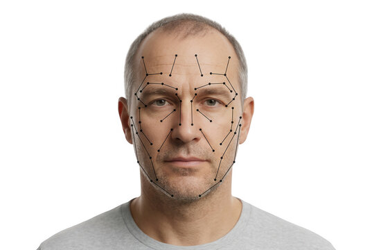 Portrait studio d'un homme d'&acirc;ge m&ucirc;r avec des points de cartographie et grille de reconnaissance faciale biom&eacute;trique sur fond blanc.