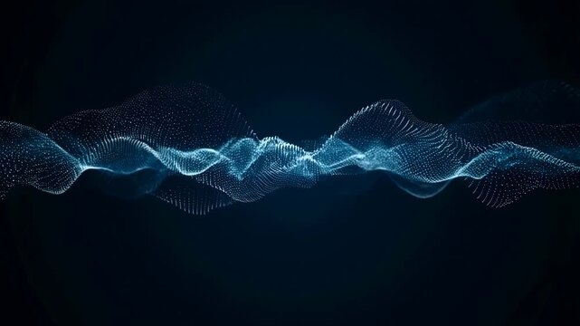 Glowing blue particle wave flows and undulates horizontally on a dark background. Pulsing light and diffusion effects create a dynamic data flow visualization for technology presentations.
