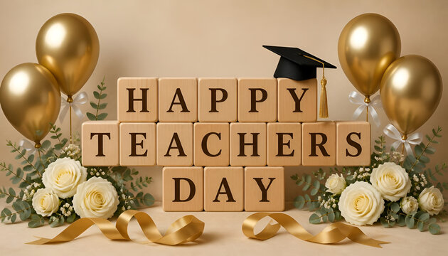 Happy teachers day celebration with graduation cap and floral arrangement