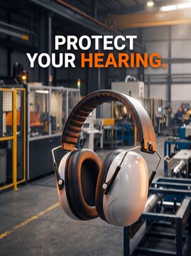 Protect hearing safety muffs floating in industrial manufacturing factory background with displays protective earmuffs floating over blurred factory floor machinery occupational protection