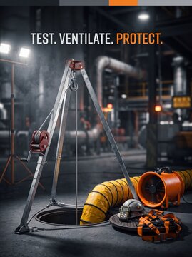 Confined space entry safety equipment setup with tripod ventilation fan harness gas detector industrial environment with manhole entrance alongside gear with winch system positioned