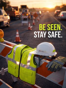 High visibility safety gear resting on roadside construction barrier during golden hour sunset highway maintenance with displays bright yellow reflective vest gloves resting striped