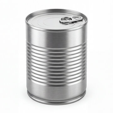 Silver metal tin can with easy-open pull tab lid isolated on white background. Generic packaging for canned food and storage.