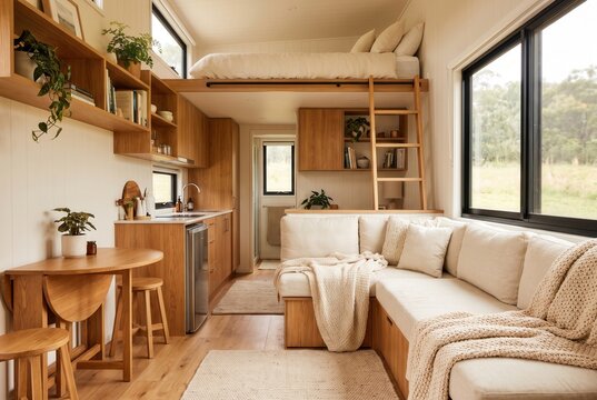 Modern tiny house interior featuring wooden furniture, a cozy sofa, and a lofted bed with large windows providing natural light and views of the surrounding landscape