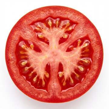 Top view of a ripe red tomato slice with juicy flesh and visible seeds isolated on white background. Close-up of fresh natural food.