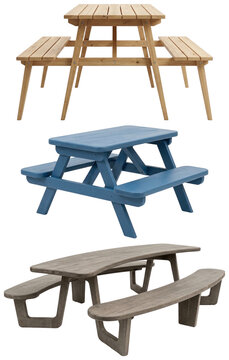 A set of three modern picnic tables in wood, blue, and gray finishes with varied shapes and seating styles.