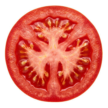 Top view of a ripe red tomato slice with juicy flesh and visible seeds isolated on transparent background. Close-up of fresh natural food.