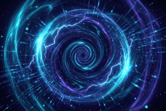 Abstract digital vortex with swirling blue and purple light effects, featuring glowing particles and lightning-like streaks against a dark cosmic background