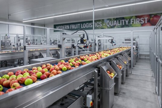 Modern fruit logistics facility with conveyor belts transporting various apples, showcasing quality control and sorting equipment in a clean, organized environment
