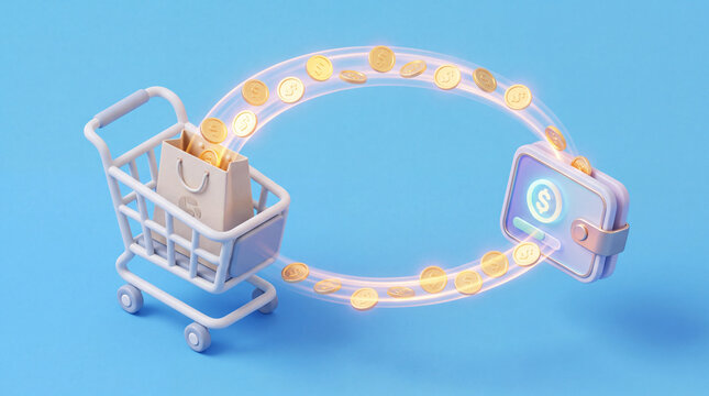 3D Isometric Cashback Concept: Digital Wallet and Shopping Cart with Flowing Gold Coins on Blue Background
