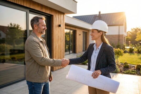 Female architect in a hard hat shakes hands with a male client outside a modern house, holding blueprints, with greenery and a clear sky in the background