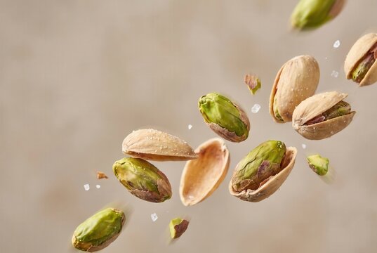 Pistachio nuts in various stages of shelling, some whole and others cracked open, suspended in mid-air against a soft, neutral background
