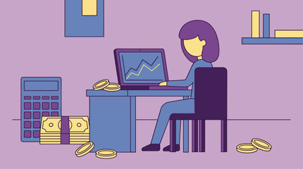 Fototapeta premium Person at desk with laptop showing graph, calculator, money stack, and coins, flat design illustration
