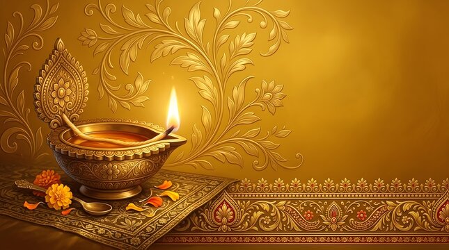 Gold diya lamp on ornate textured background with flowers for diwali festival celebration