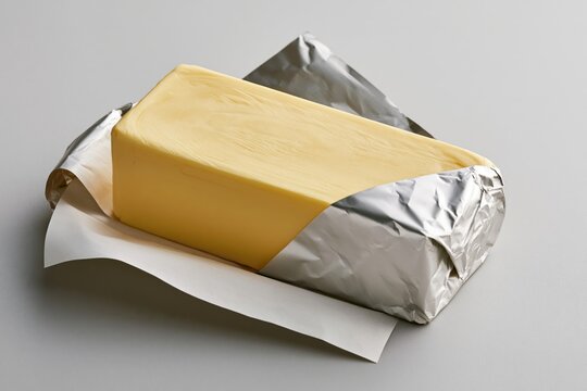 Butter Block Wrapped in Foil on a Clean White Surface