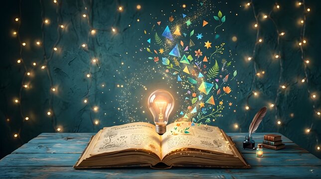Glowing lightbulb above open magic book with sparkling elements and creative imagination concept