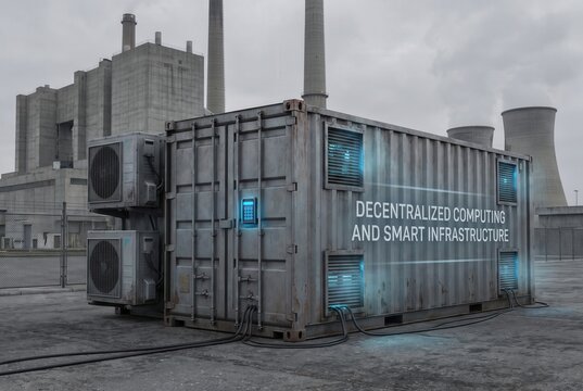 Industrial container for decentralized computing and smart infrastructure positioned in a power plant setting with cooling units and large smokestacks in the background