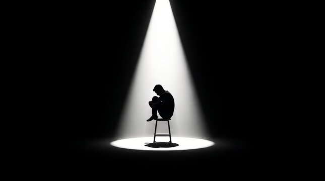 Silhouette of lonely sad person sitting curled up on a stool under bright spotlight in darkness