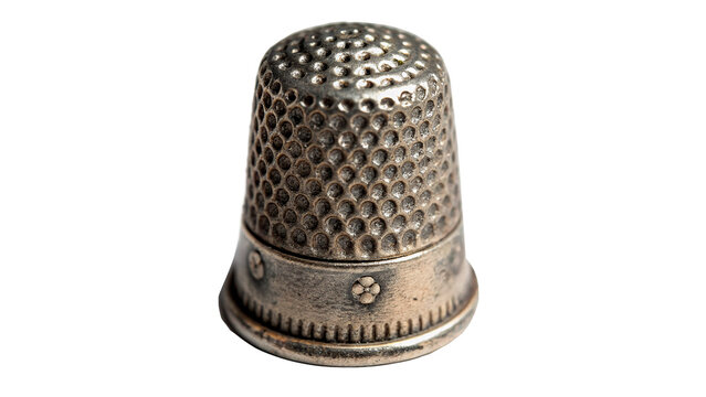 A classic metallic silver sewing thimble protective tool isolated on transparent background.