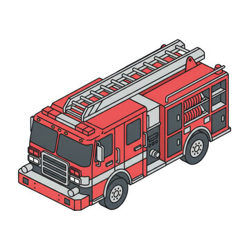 Isometric vector illustration of a red fire engine or fire truck with ladders, isolated on a transparent background