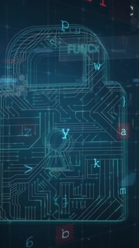 Animation of digital interface with security padlock over dark background