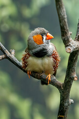Naklejka premium Male zebra finch bird perched on tree branch close up macro view