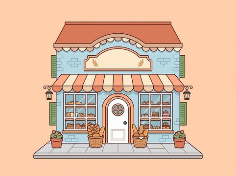 Flat vector illustration of a charming bakery shop building with bread displays and awning.
