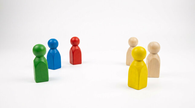 Colorful wooden figurines represent distinct groups, one in bright red, blue, and green, and another in natural wood tones, suggesting a conceptual division or a game.