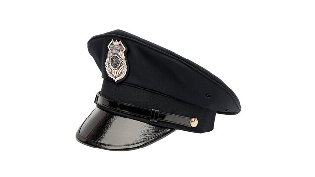 A formal black police officer uniform peak cap isolated on transparent background.