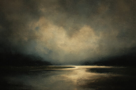 Atmospheric Moonlight over Still Lake, Oil Painting with Dark Clouds.