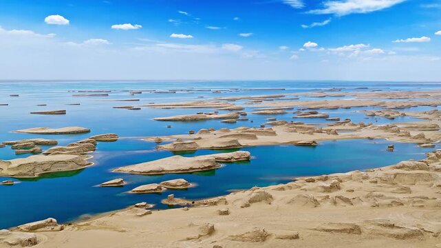 Aerial view of a unique water yardang landform with a blue lake and sandy desert under a blue sky in Qinghai, China