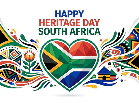 Happy heritage day south africa greeting card with a heartshaped national flag, protea flower, and traditional patterns isolated on white background